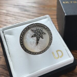 Sterling Silver Goddess Star and Moon Mother of Pearl Marcasite Ring